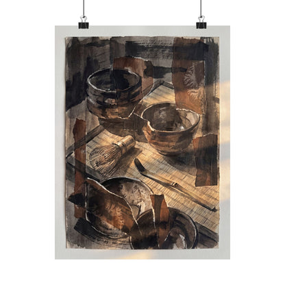 Dark Japandi Tea Ceremony in Golden Hour | Charcoal Ink Wall Art Print
