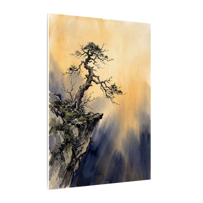 Zen Pine Tree in Golden Hour | Sumi E Canvas Art