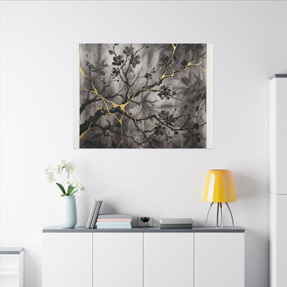 Kanso Cherry Blossom Canvas Art - Kintsugi Crackle Gold