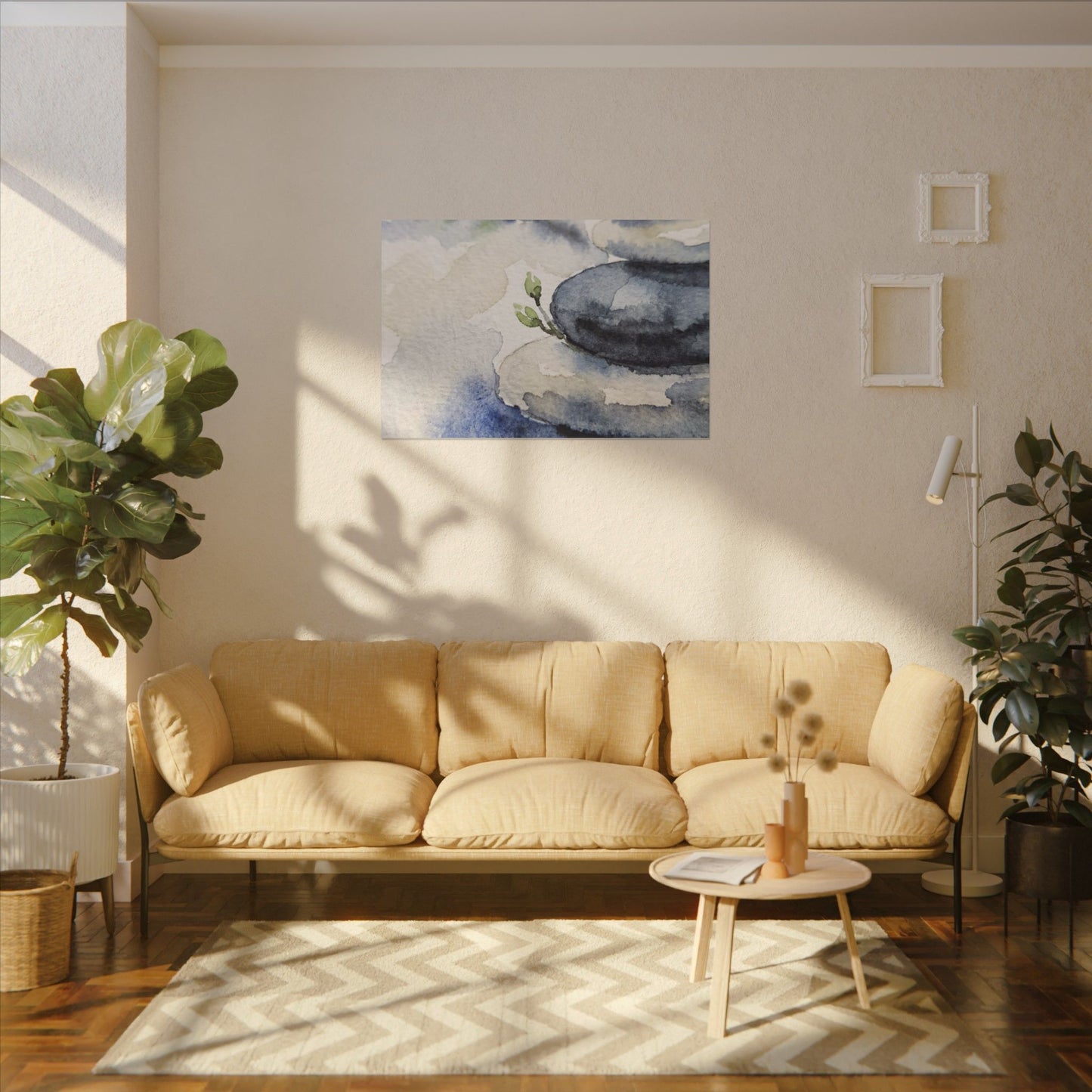 River Stones Watercolor Canvas Art | Cozy Japandi Art