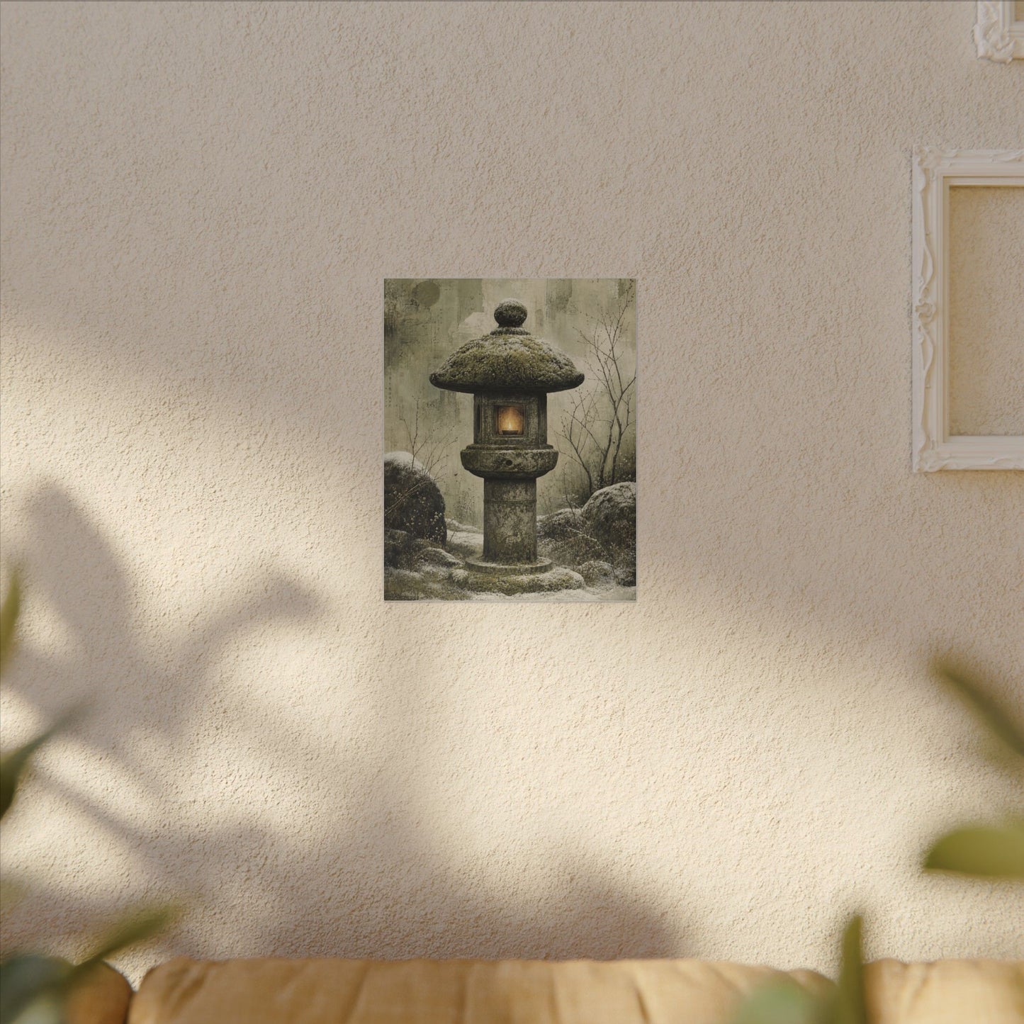 Stone Lantern Winter Canvas Art | Japandi Neutral Design