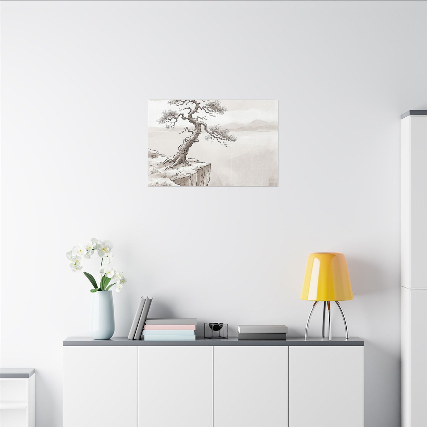 Neutral Pine Tree Canvas Art - Minimal Line Japandi