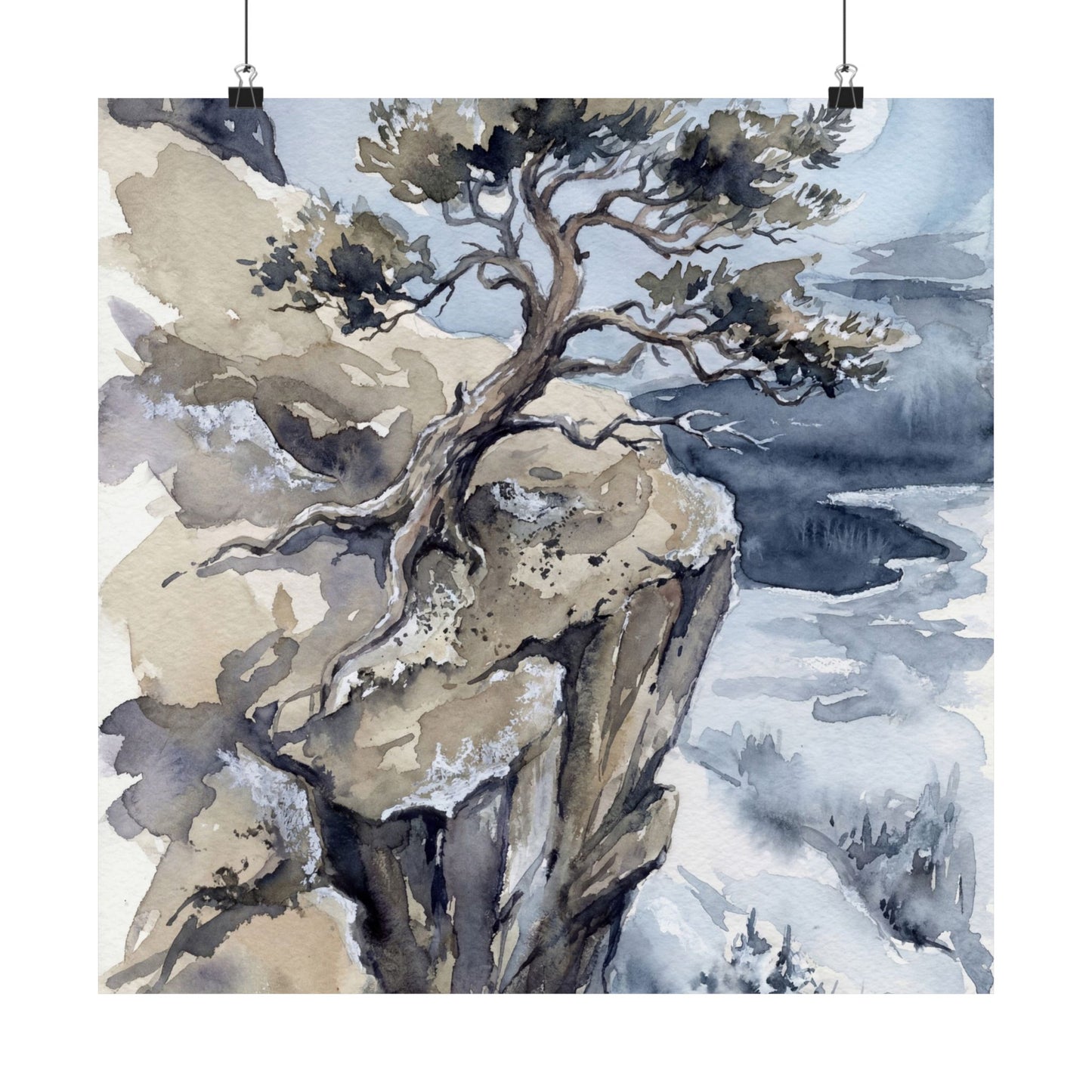 Japandi Pine Tree in Moonlight | Watercolor Wall Art Print