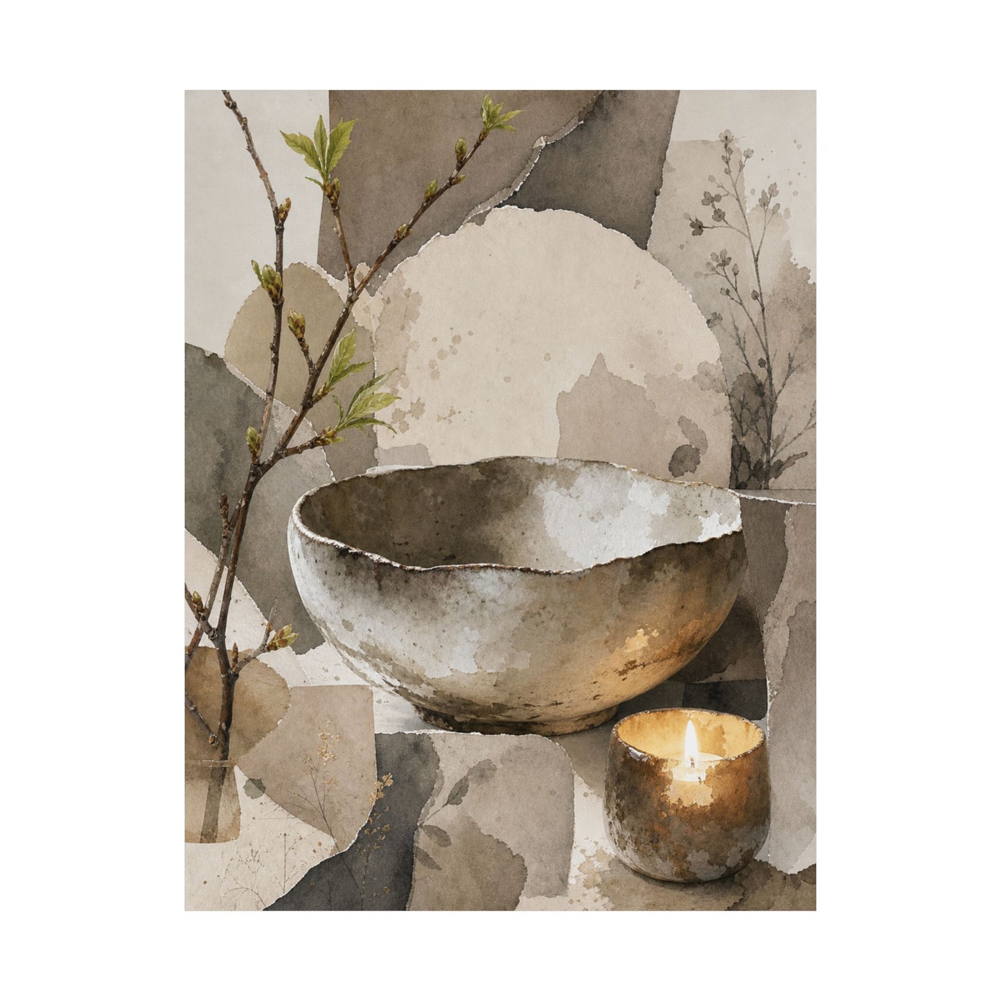 Candlelight Ceramic Bowl Wall Art Print - Japandi Fukinsei