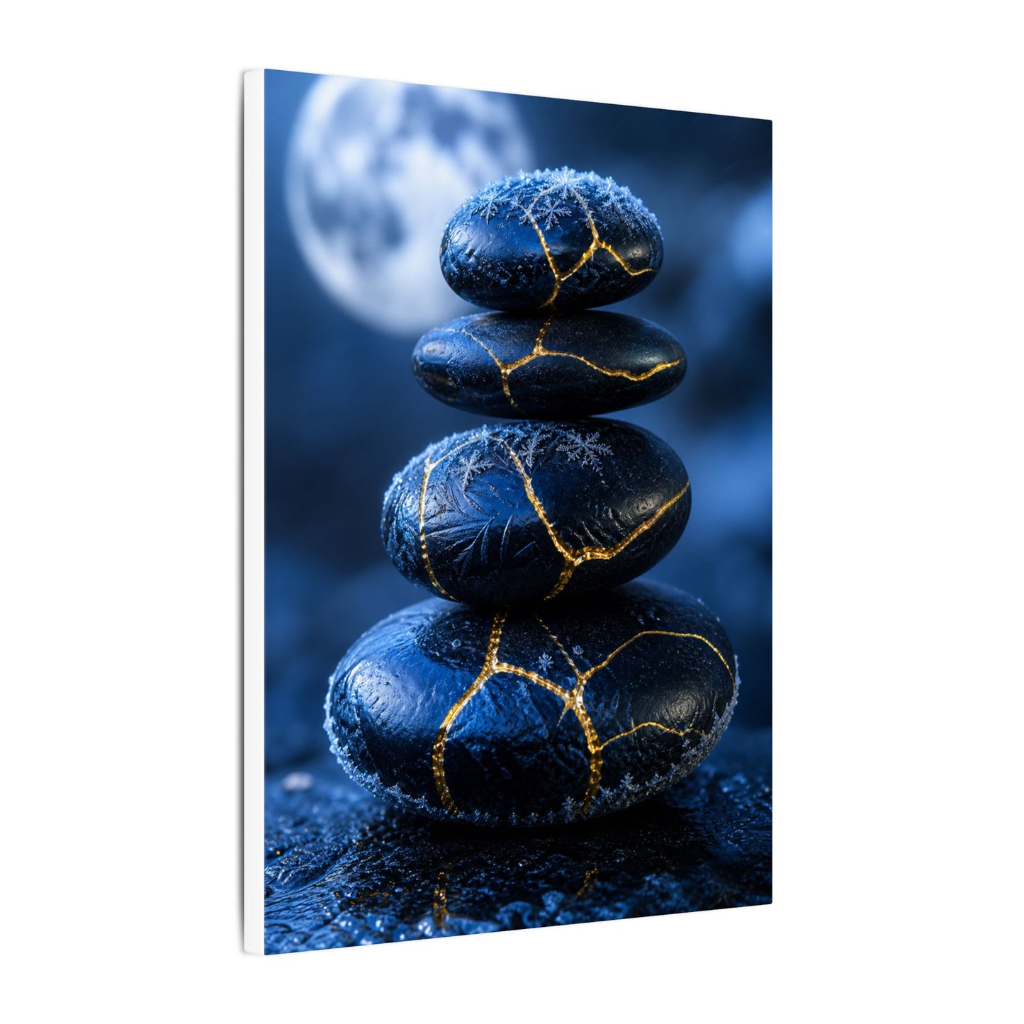 River Stones Canvas Art | Winter Kintsugi Gold Repair Art