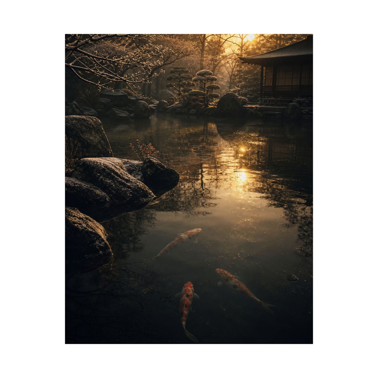 Dark Japandi Koi Pond in Golden Hour | Shadow Zen Wall Art Print