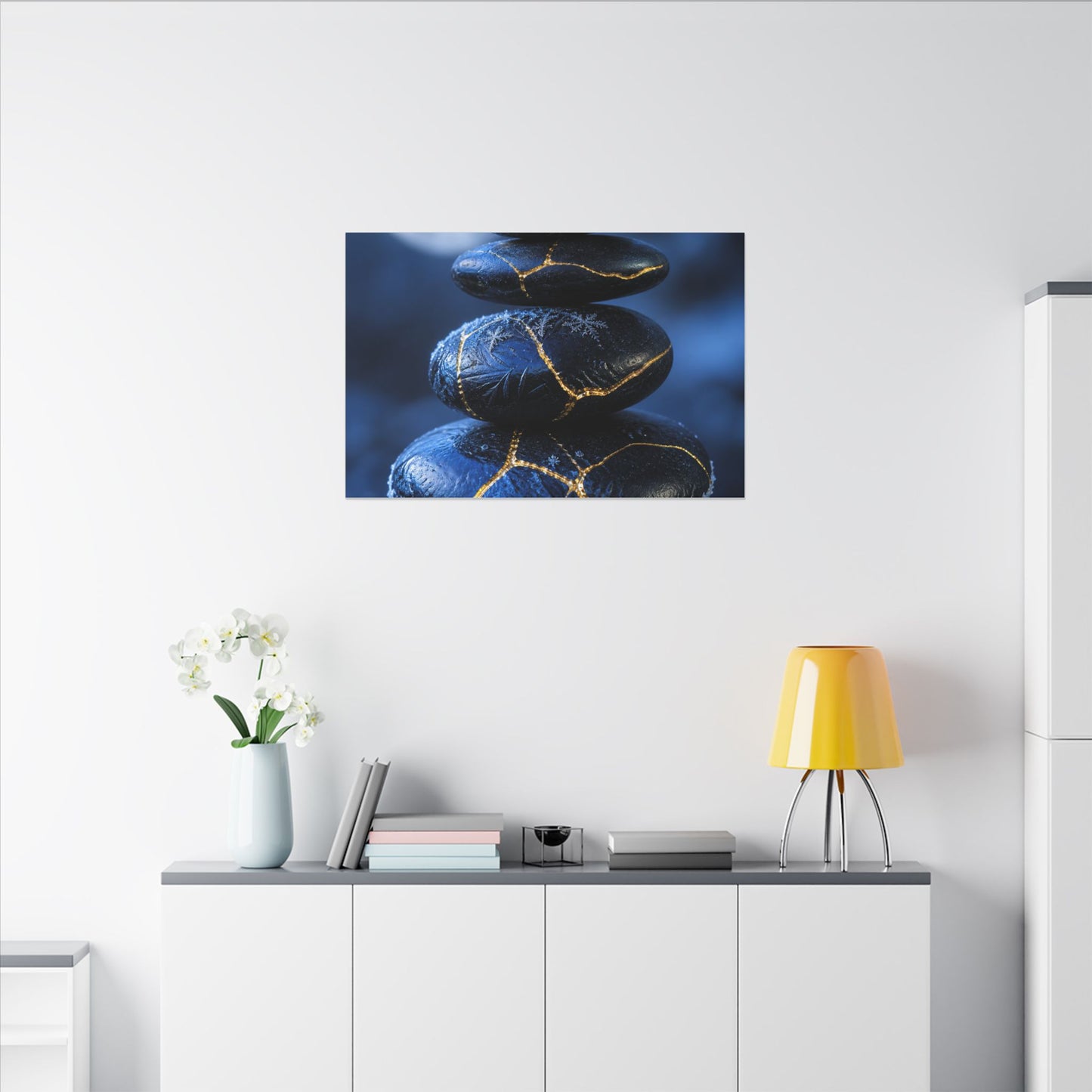 River Stones Canvas Art | Winter Kintsugi Gold Repair Art