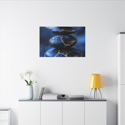 River Stones Canvas Art | Winter Kintsugi Gold Repair Art