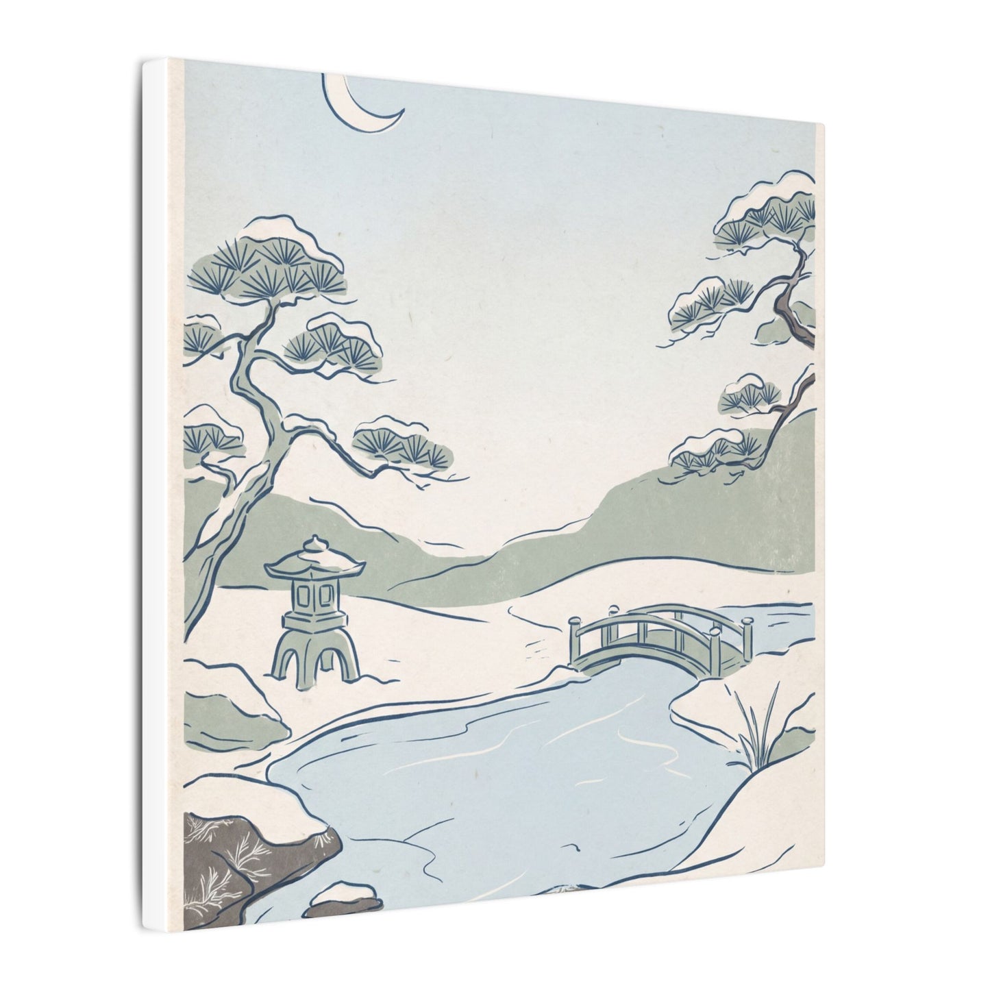 Japandi Moonlit Garden in Moonlight | Minimal Line Canvas Art