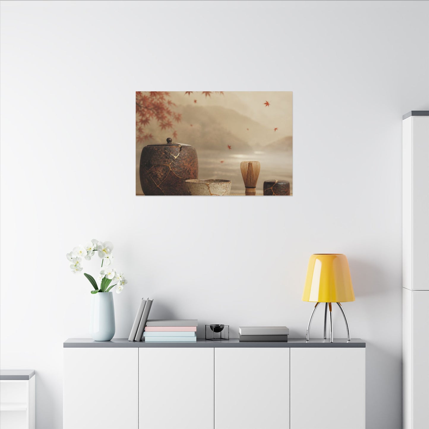 Tea Ceremony Canvas Art | Autumn Kintsugi Gold Vein Art