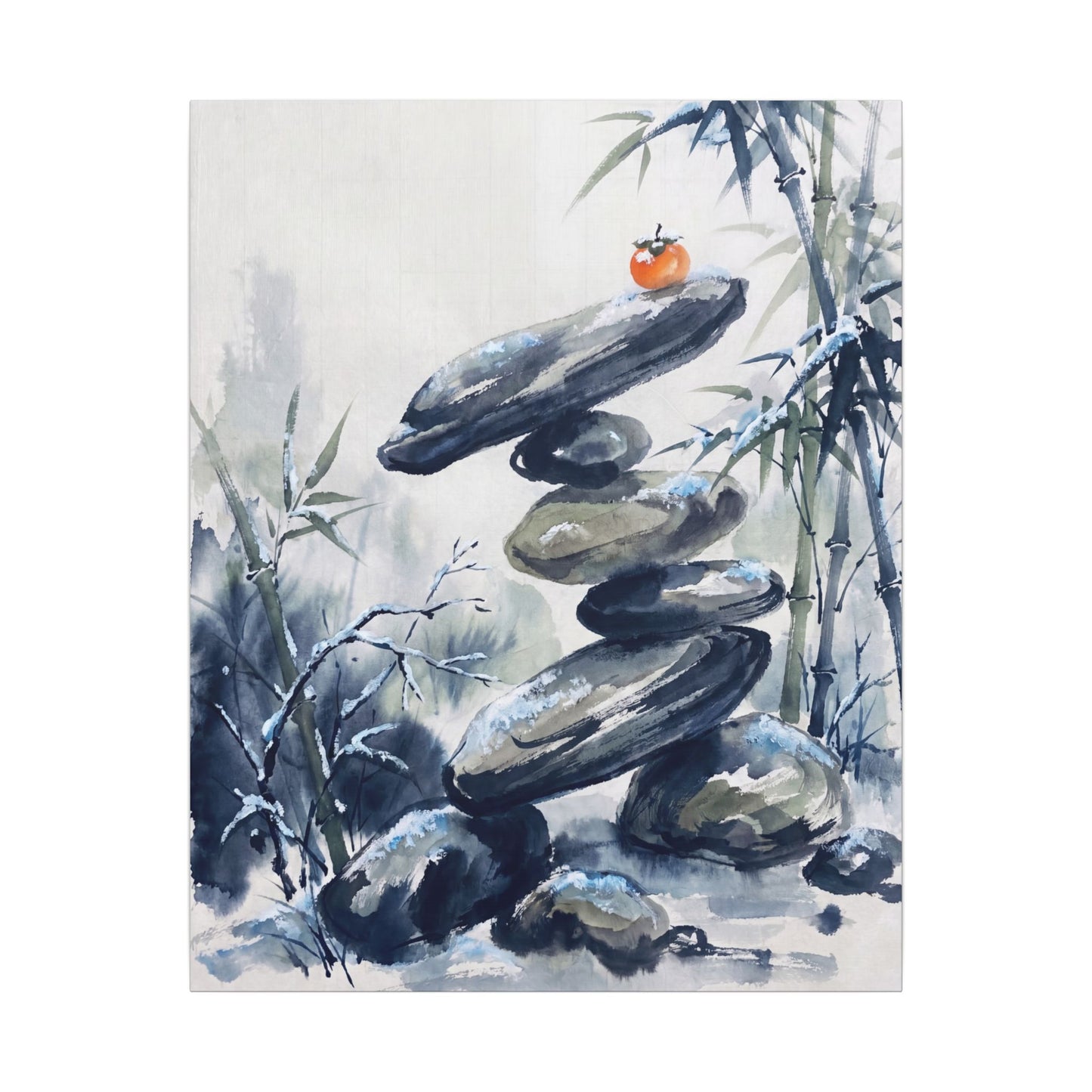 Zen River Stones in Moonlight | Sumi E Canvas Art