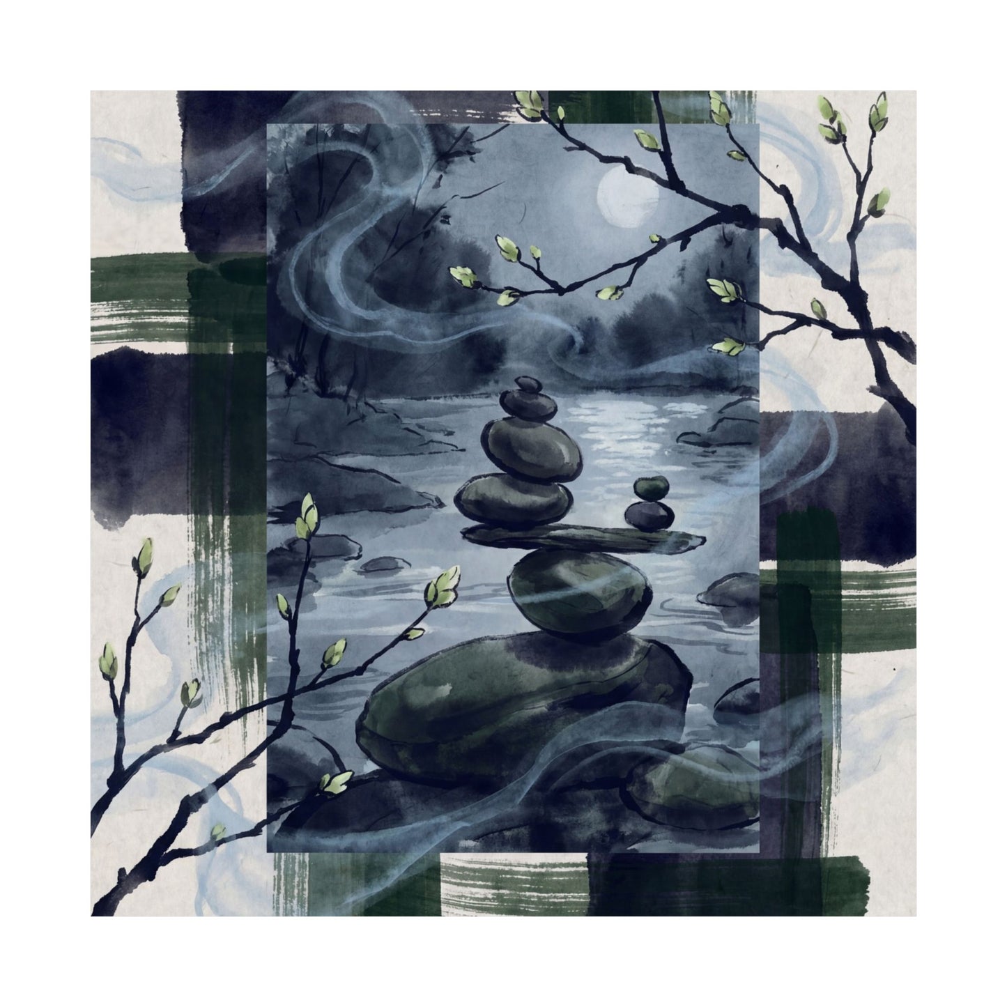 River Stones Wall Art Print | Spring Zen Sumi E Art