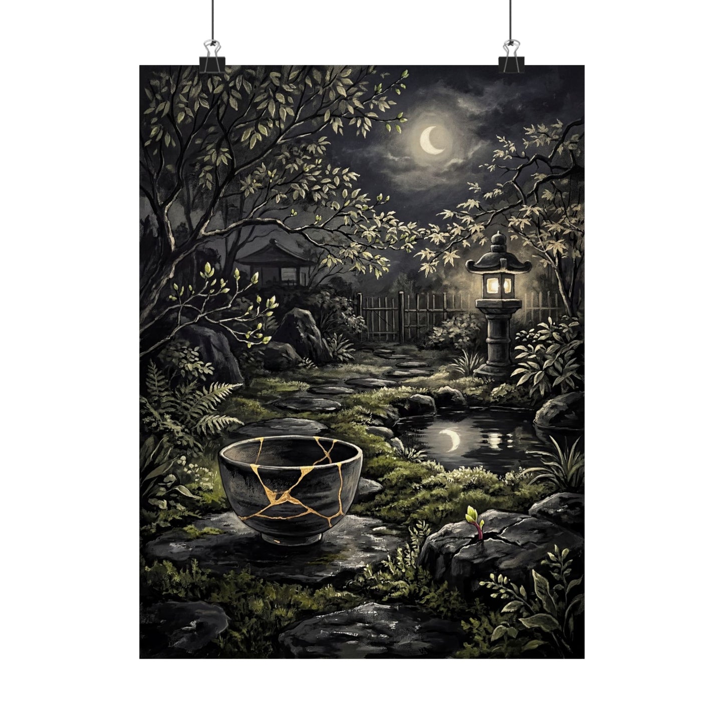 Kintsugi Moonlit Garden in Dappled | Gold Repair Wall Art Print Art Print