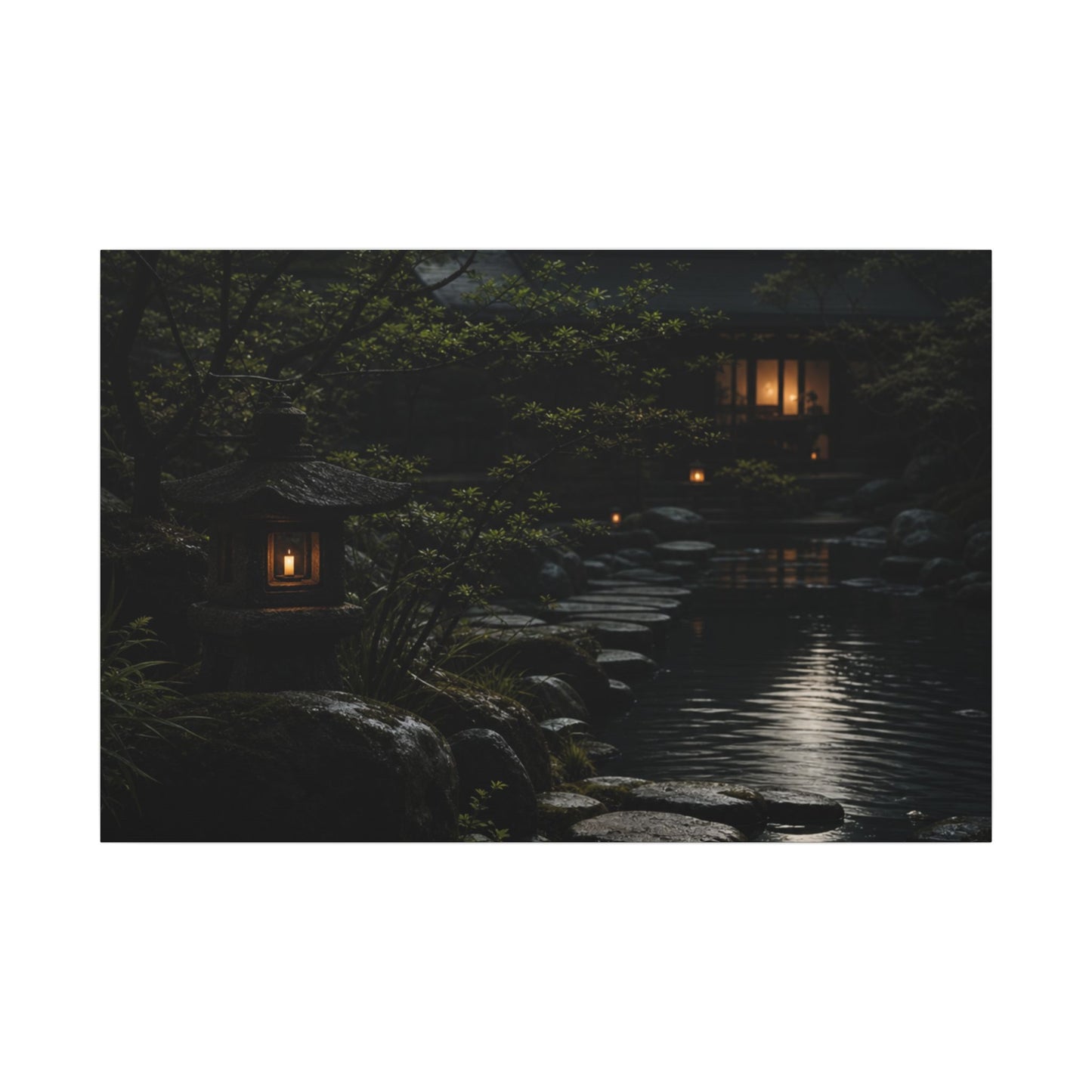 Moonlit Garden Shadow Zen Canvas Art | Sophisticated Dark Japandi Art