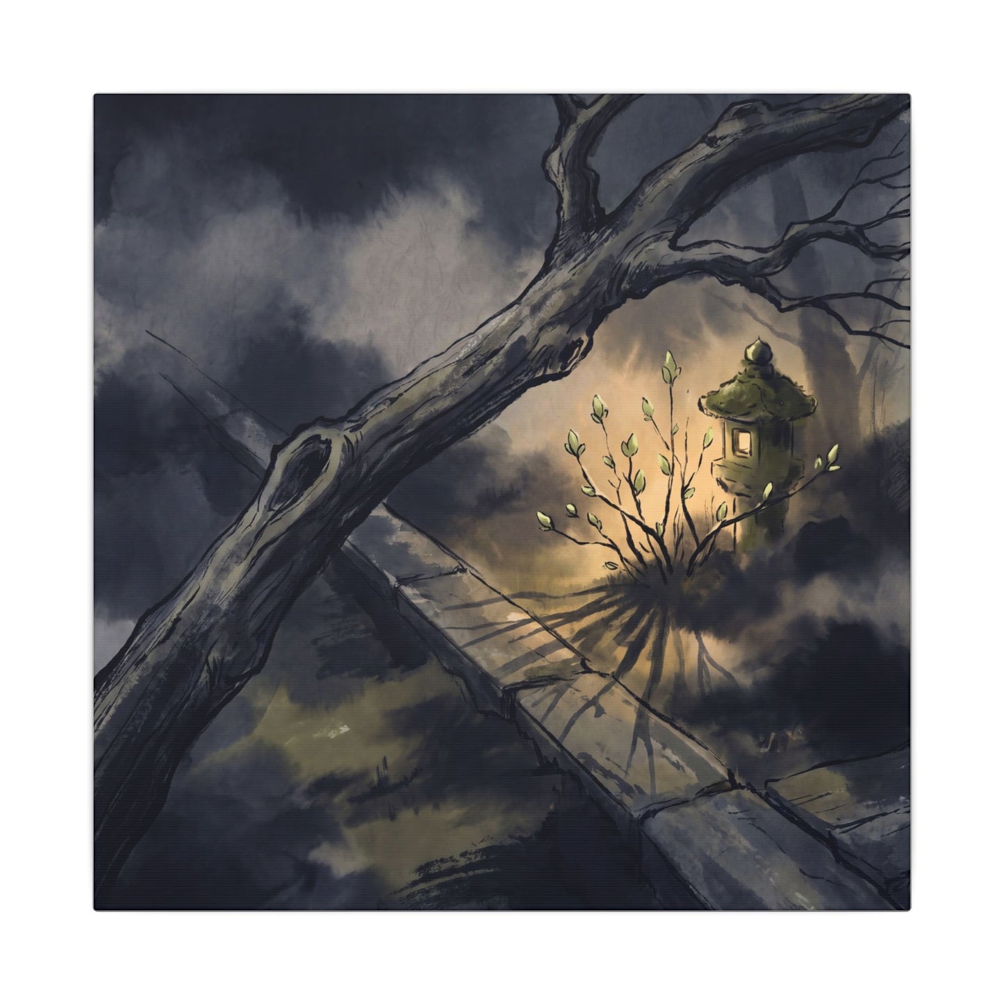 Dark Japandi Moonlit Garden in Golden Hour | Charcoal Ink Canvas Art