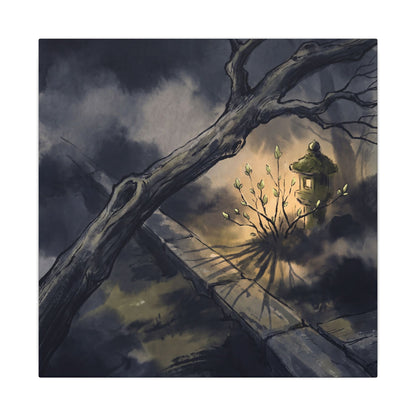 Dark Japandi Moonlit Garden in Golden Hour | Charcoal Ink Canvas Art