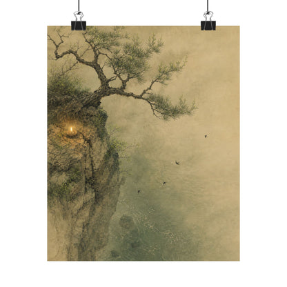 Japandi Pine Tree in Candlelight | Minimal Line Wall Art Print