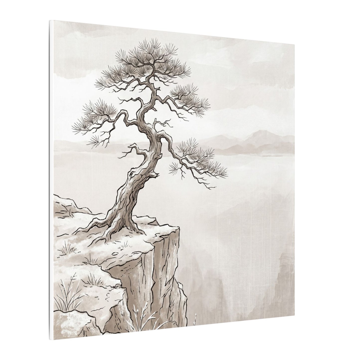 Neutral Pine Tree Canvas Art - Minimal Line Japandi