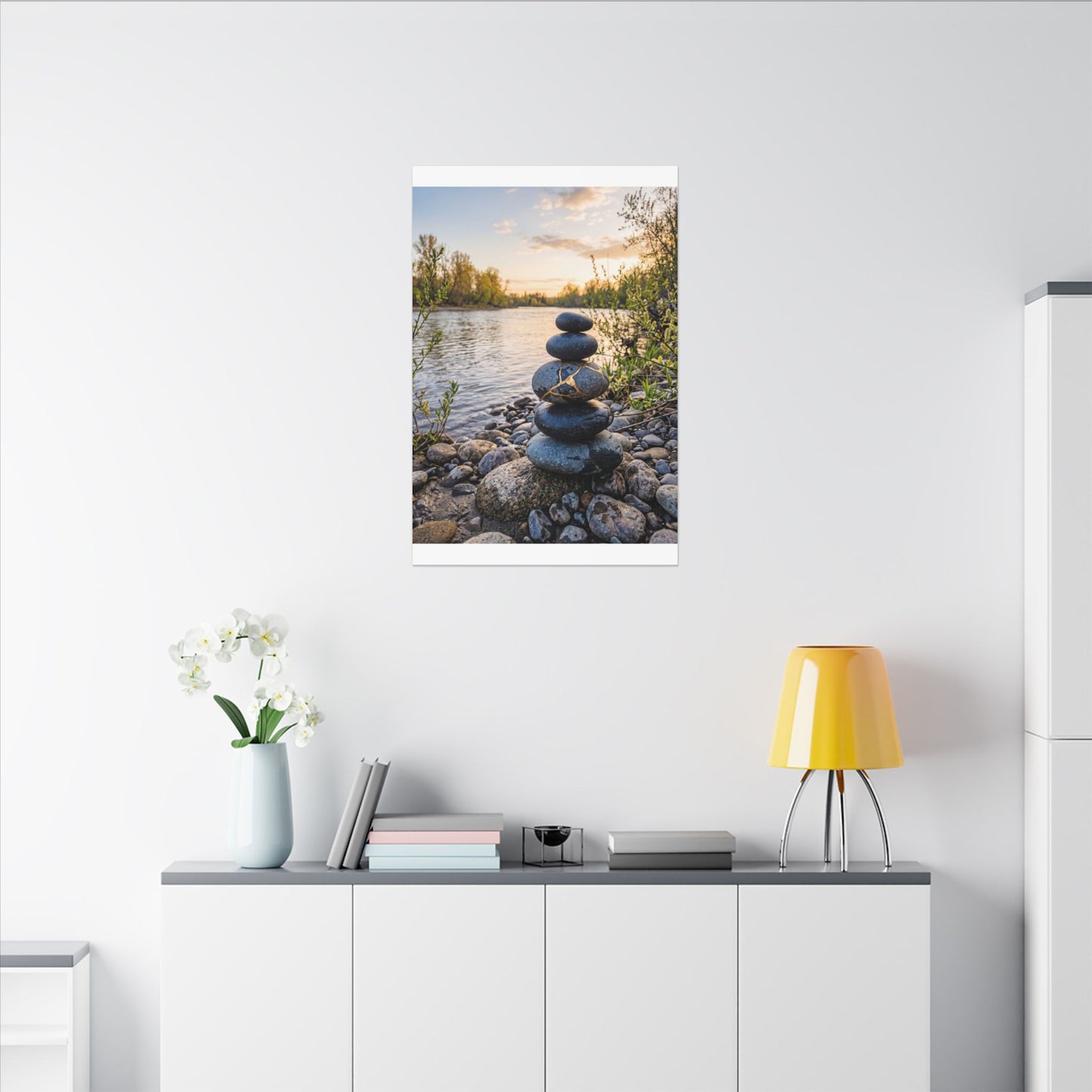 Kintsugi River Stones in Golden Hour | Gold Vein Canvas Art