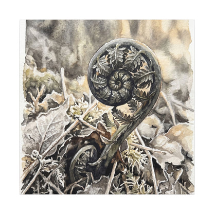 Japandi Fern Unfurling in Golden Hour | Watercolor Canvas Art