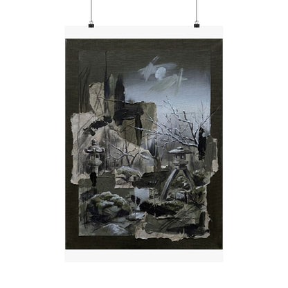 Moody Moonlit Garden Wall Art Print - Dark Texture Dark Japandi