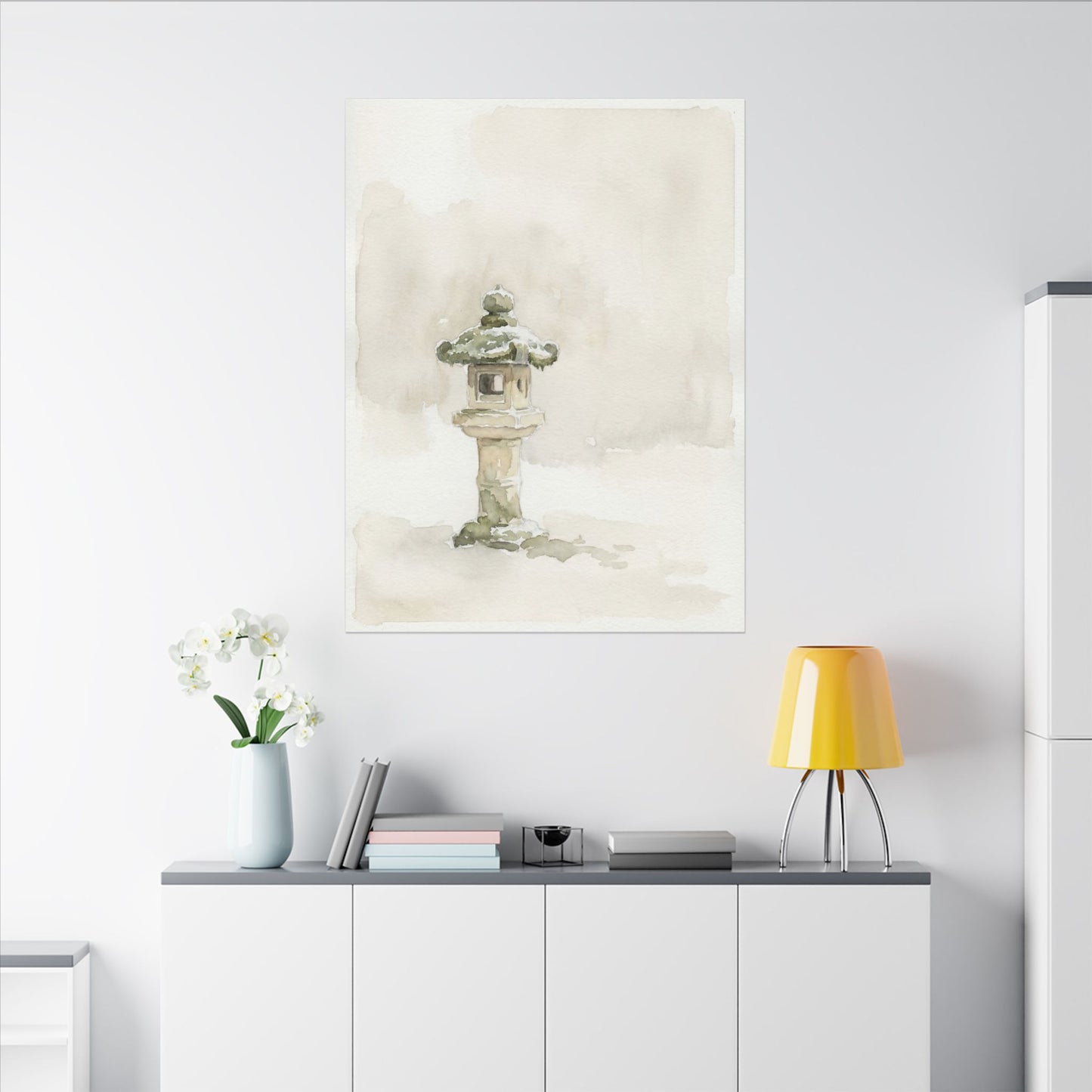 Stone Lantern Winter Canvas Art | Japandi Earthy Design