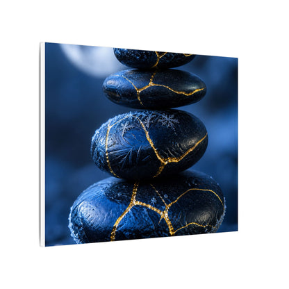 River Stones Canvas Art | Winter Kintsugi Gold Repair Art