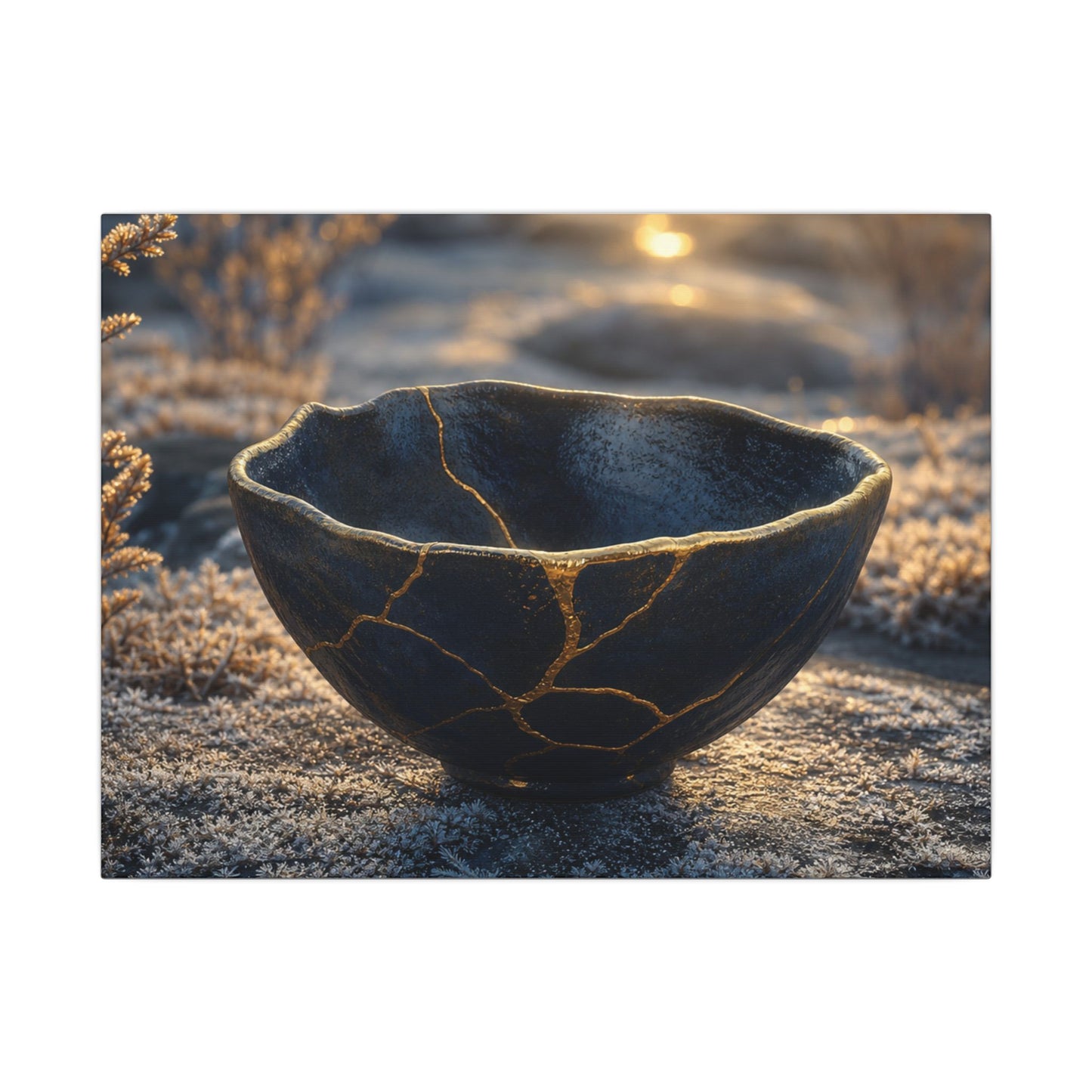 Ceramic Bowl Canvas Art | Winter Kintsugi Gold Repair Art