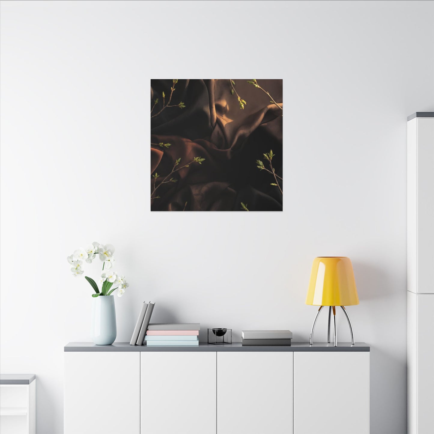 Dark Japandi Silk Drape in Golden Hour | Moody Minimal Canvas Art