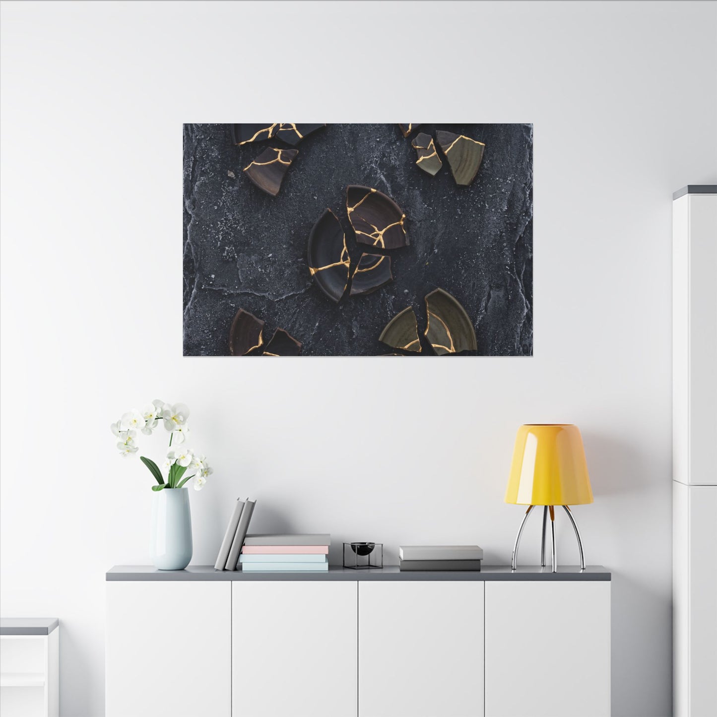 Broken Pottery Canvas Art | Winter Dark Japandi Shadow Zen Art