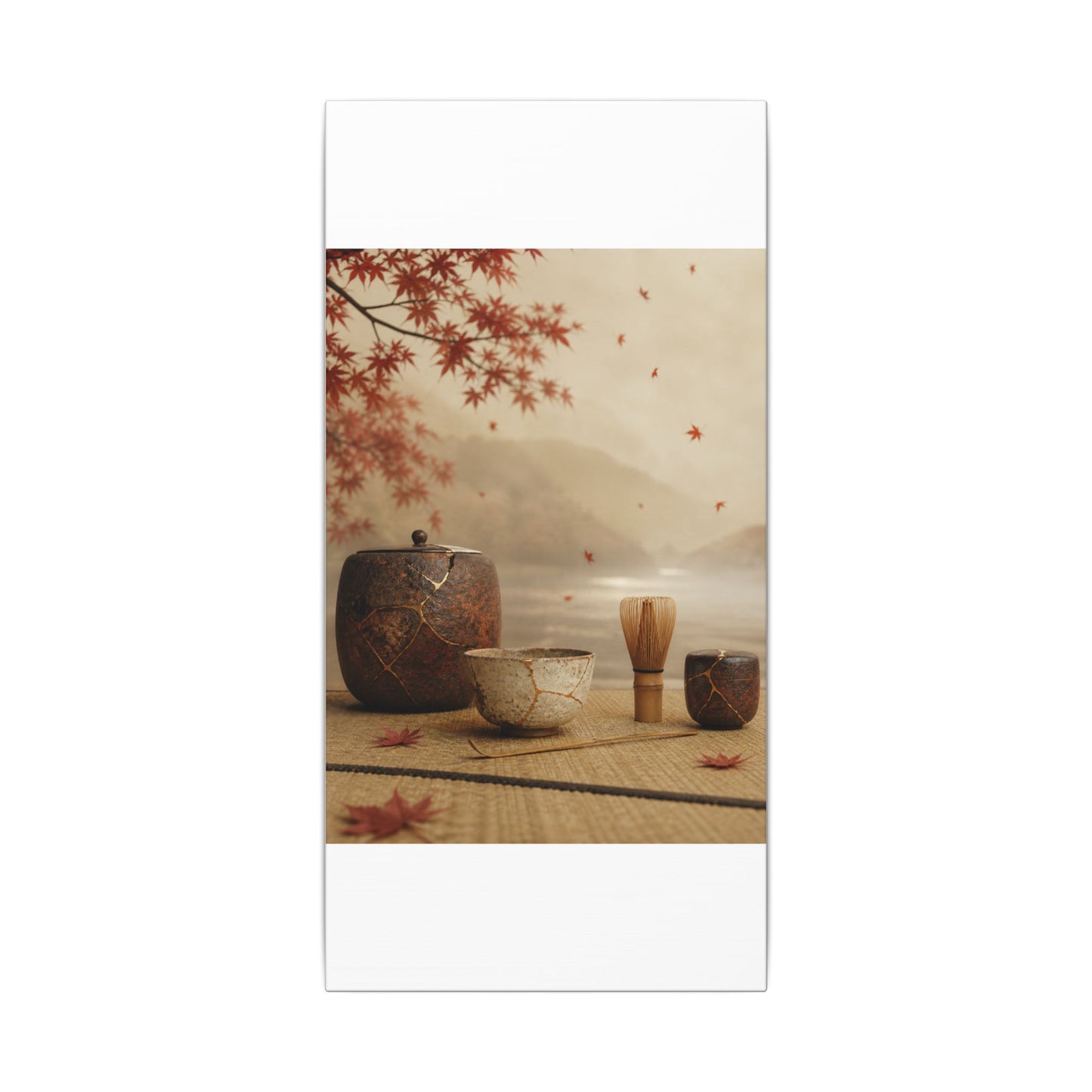 Tea Ceremony Canvas Art | Autumn Kintsugi Gold Vein Art