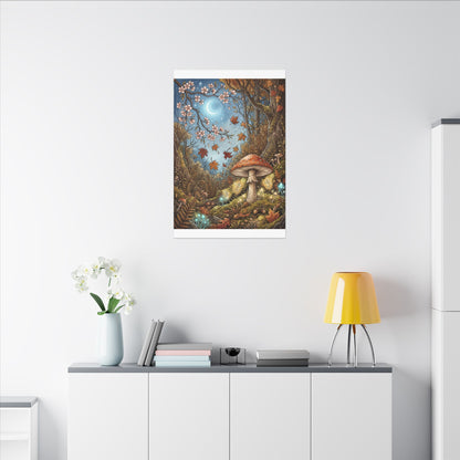 Autumn Cherry Blossom Mushroom Illustration Canvas Art | Enchanting Decor