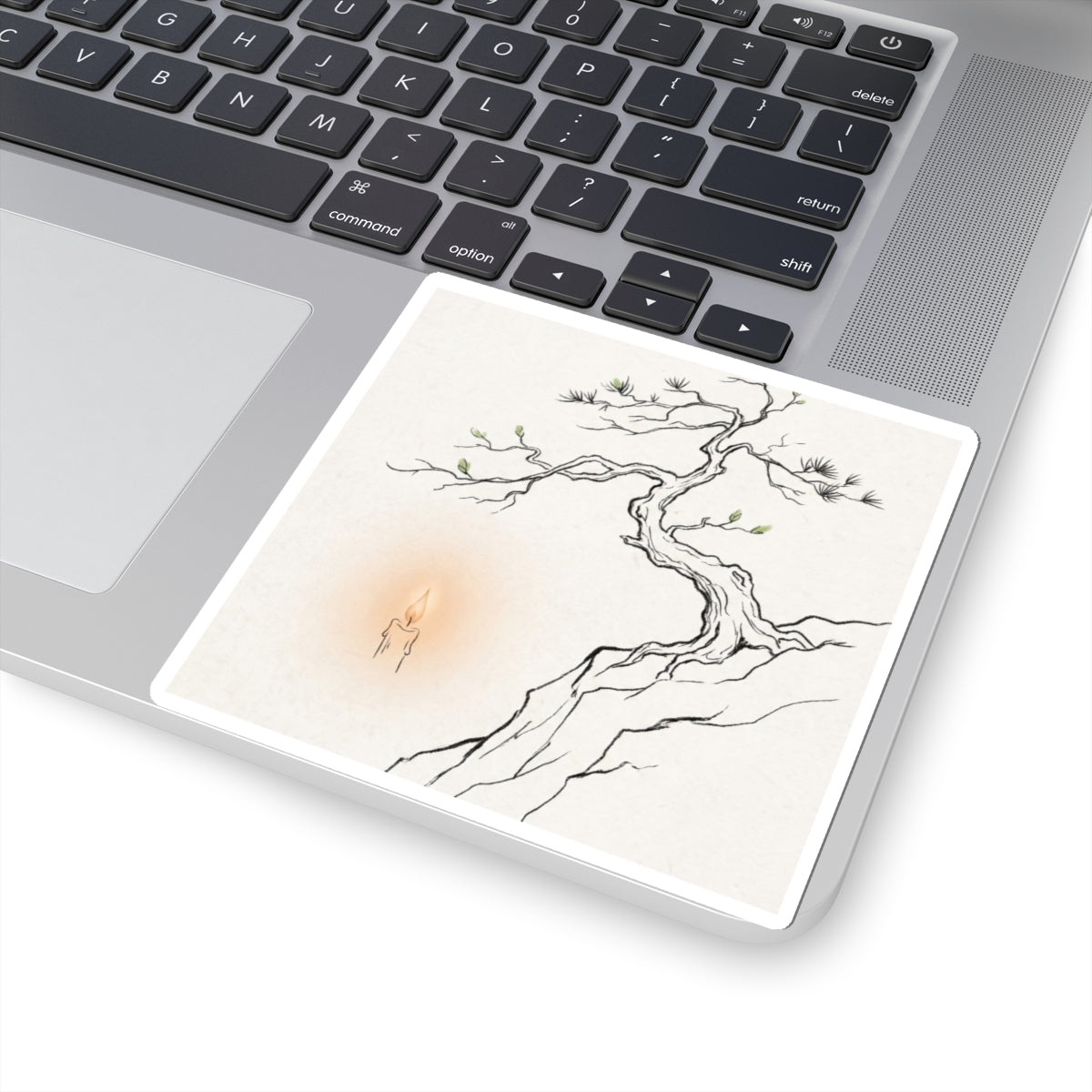 Japandi Pine Tree in Candlelight | Minimal Line Sticker Art Print