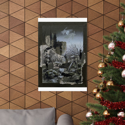 Moody Moonlit Garden Wall Art Print - Dark Texture Dark Japandi