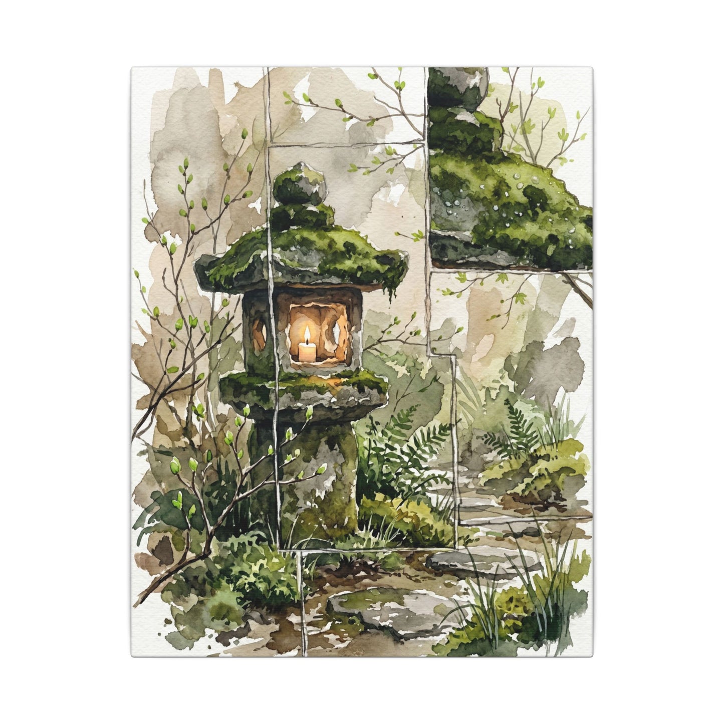 Stone Lantern Watercolor Canvas Art | Elegant Japandi Art