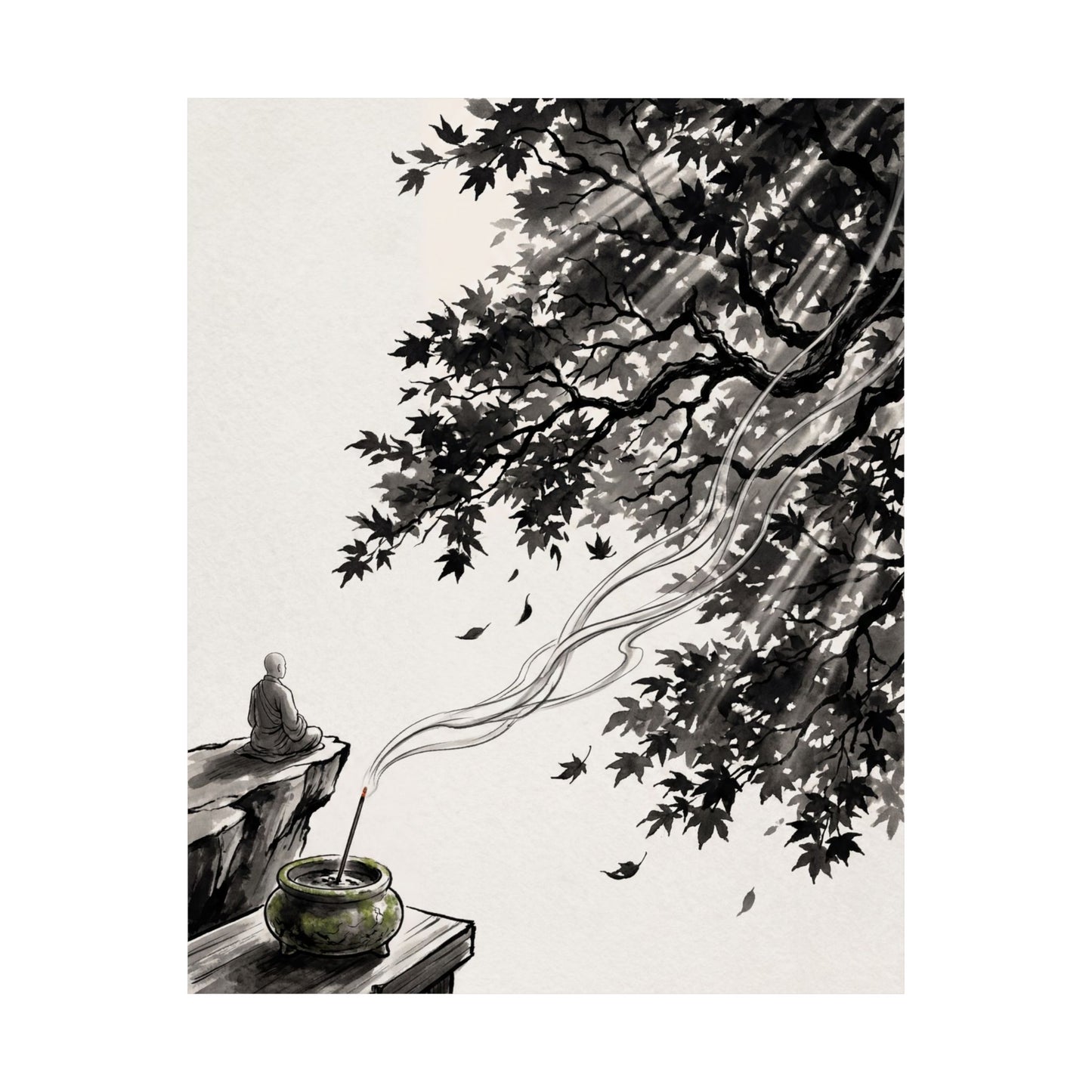 Contemplative Incense Smoke Wall Art Print - Ukiyo E Inspired Zen