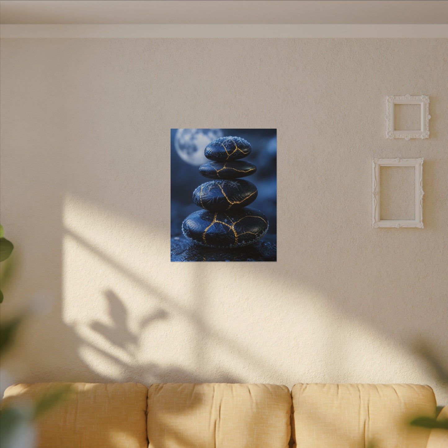 River Stones Canvas Art | Winter Kintsugi Gold Repair Art