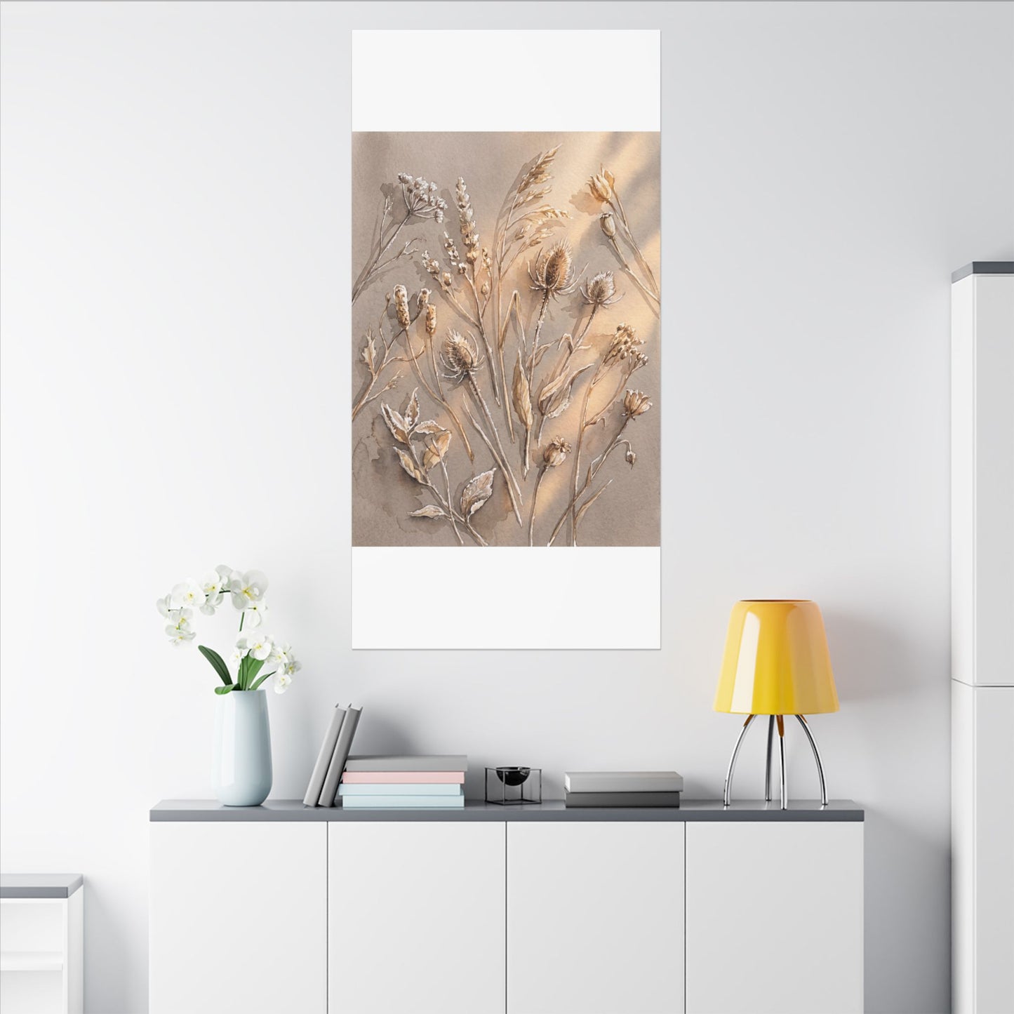 Japandi Dried Flowers in Golden Hour | Watercolor Canvas Art