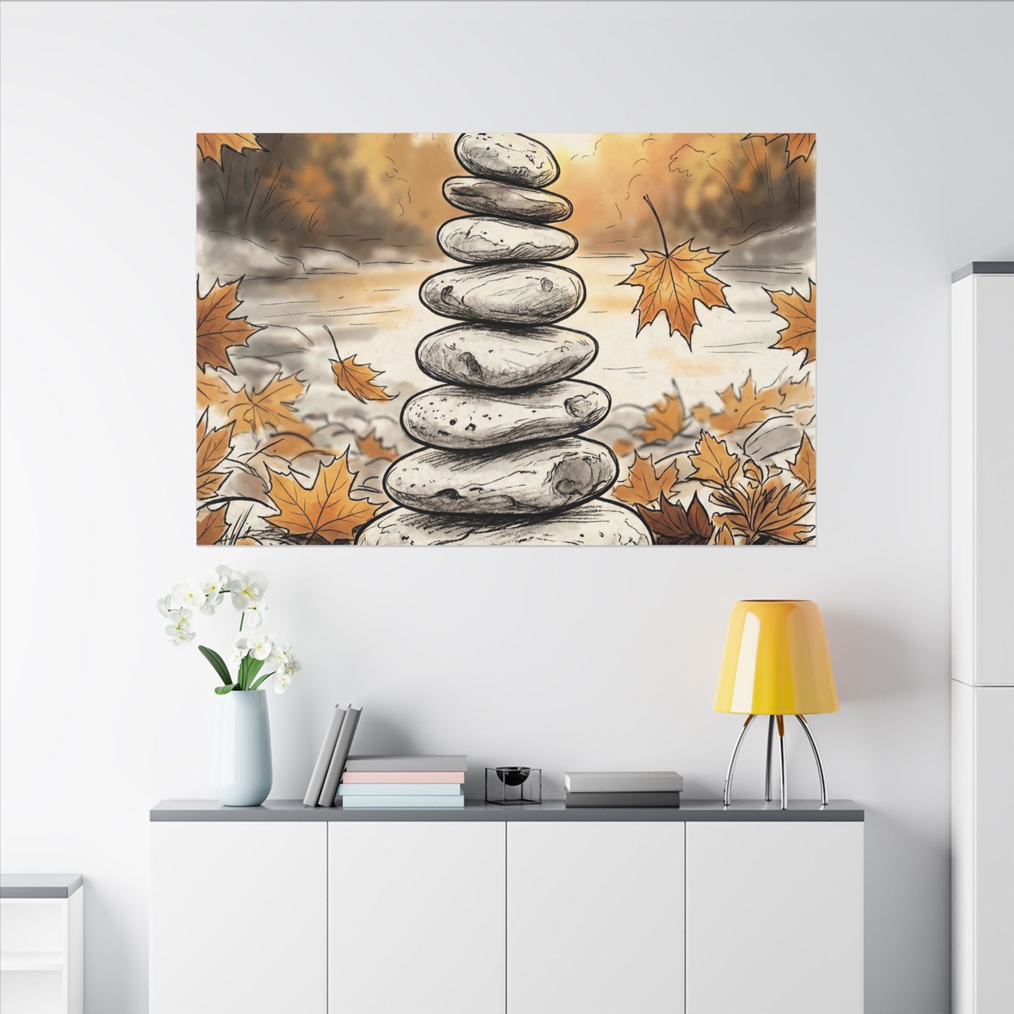Earthy River Stones Canvas Art - Minimal Line Japandi