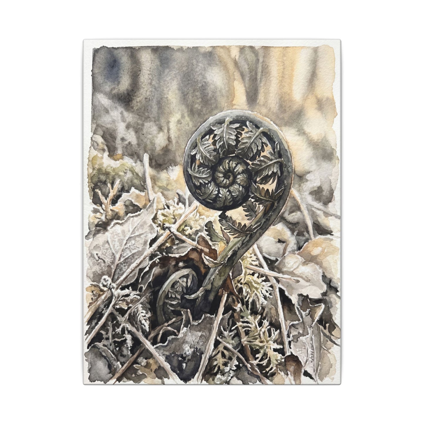 Japandi Fern Unfurling in Golden Hour | Watercolor Canvas Art