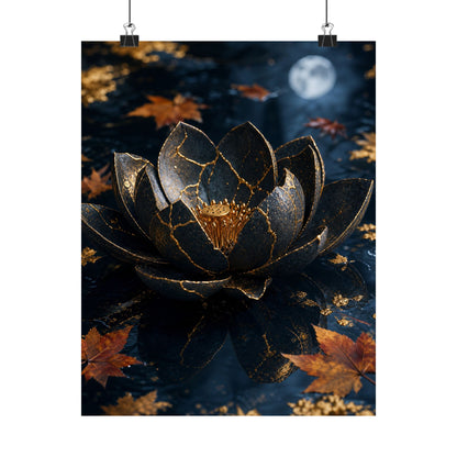 Kintsugi Lotus Flower in Moonlight | Gold Repair Wall Art Print