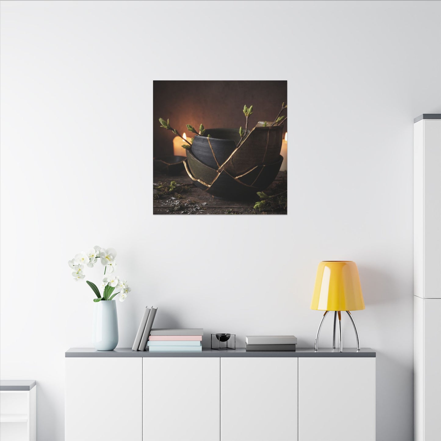 Broken Pottery Spring Canvas Art | Dark Japandi Luxurious Design