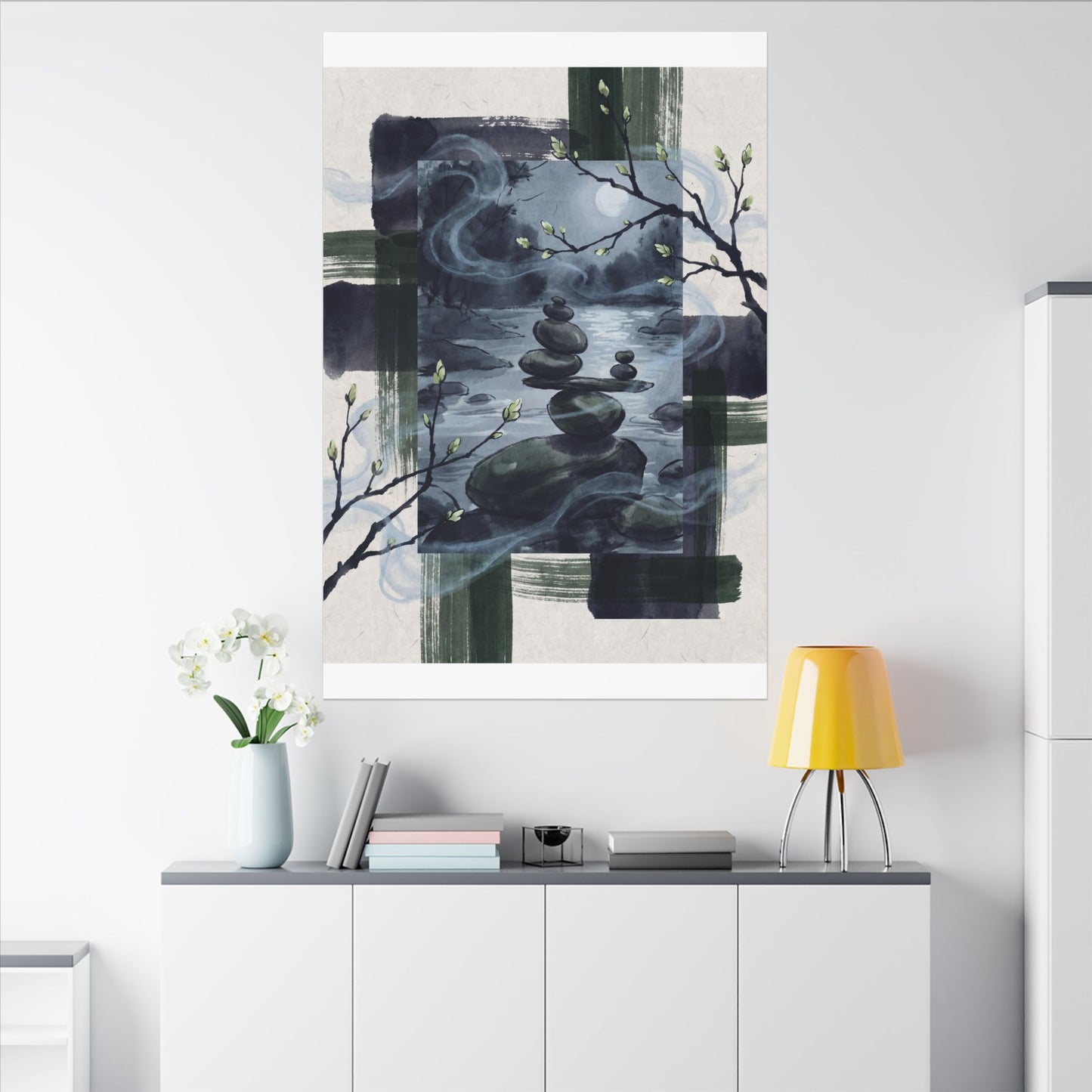 Moonlight River Stones Canvas Art - Zen Shibui