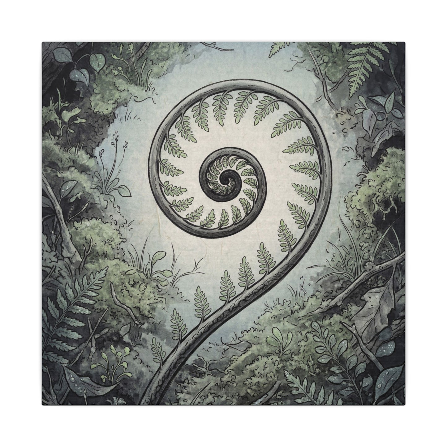 Zen Fern Unfurling in Dawn | Ukiyo E Inspired Canvas Art