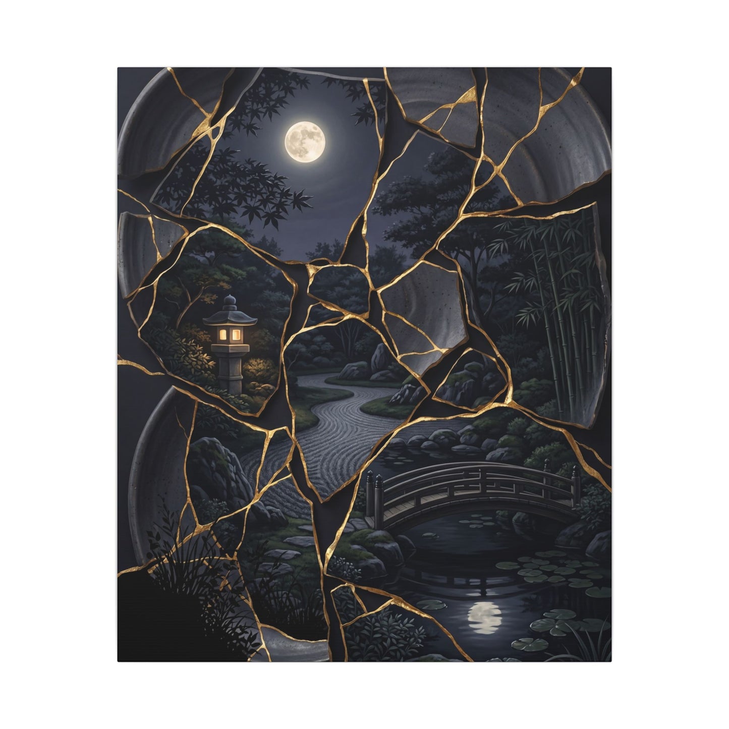 Kintsugi Moonlit Garden in Golden Hour | Gold Repair Canvas Art