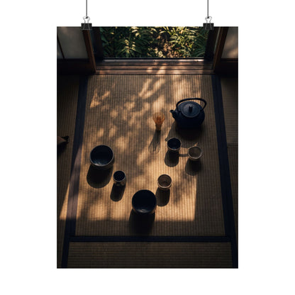 Golden Hour Tea Ceremony Wall Art Print - Dark Japandi Shibui Art Print