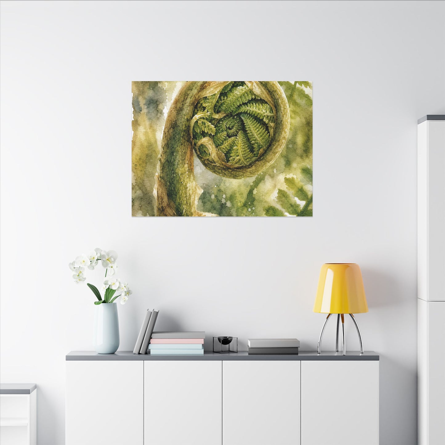 Japandi Fern Unfurling in Dappled | Watercolor Canvas Art