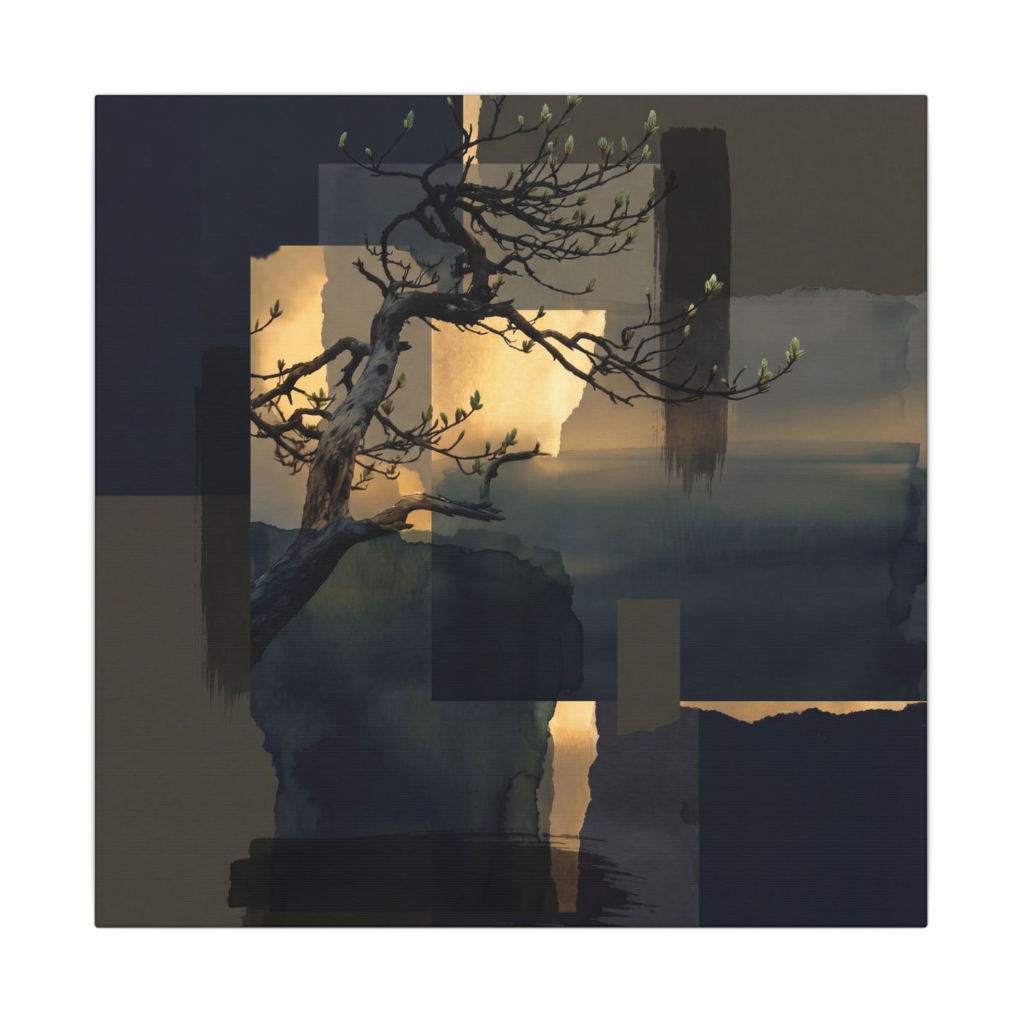 Golden Hour Pine Tree Canvas Art - Dark Japandi Kanso