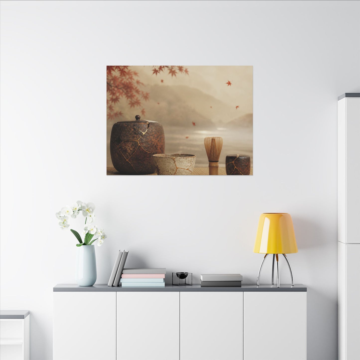Tea Ceremony Canvas Art | Autumn Kintsugi Gold Vein Art