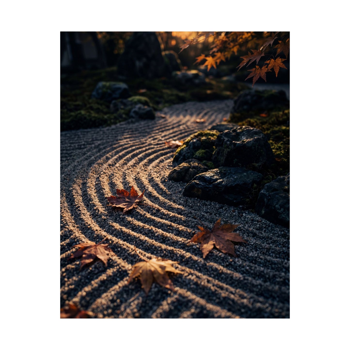 Rock Garden Autumn Wall Art Print | Dark Japandi Atmospheric Design